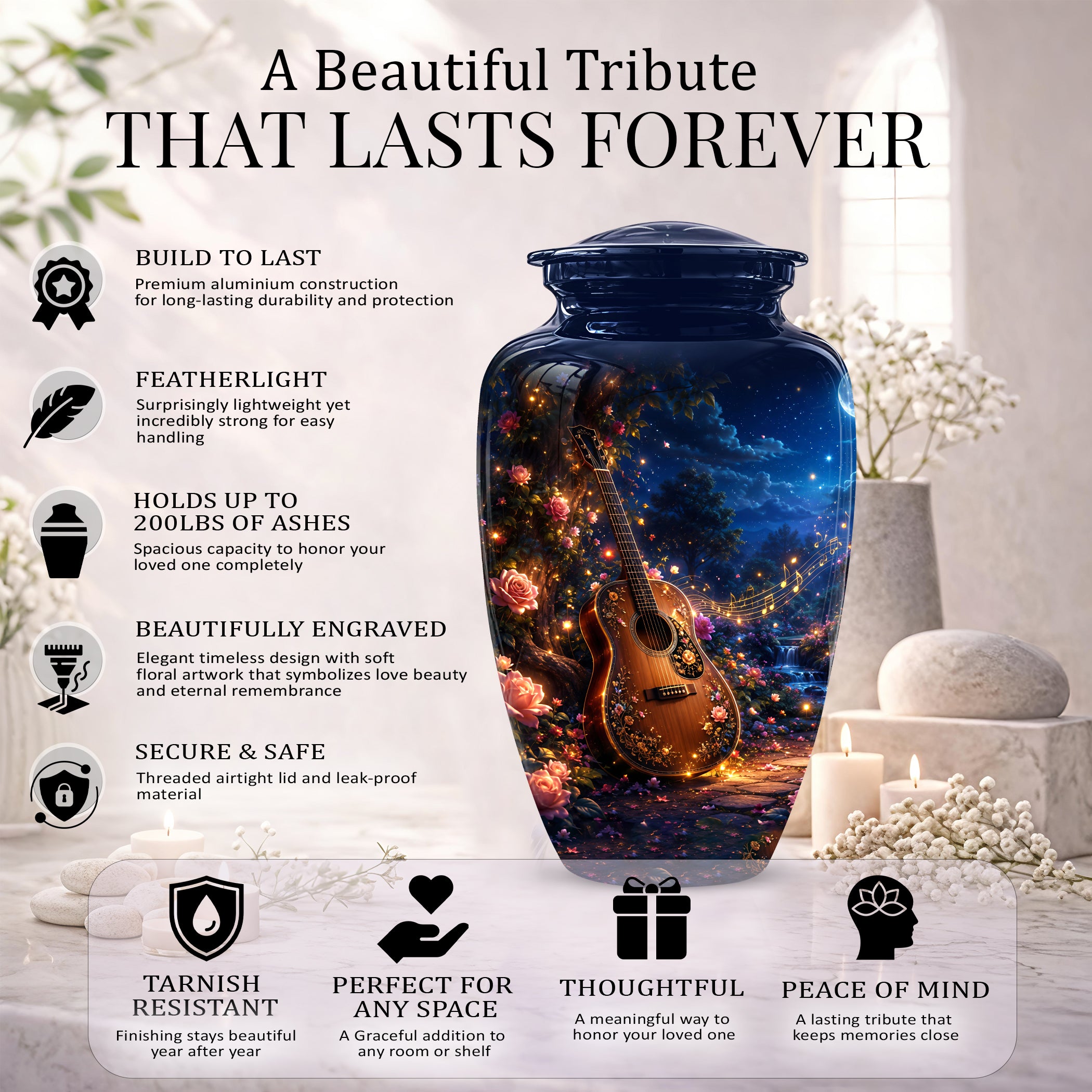 Acoustic Guitar & Starry Night Urn - Custom Funeral Urns For Musicians