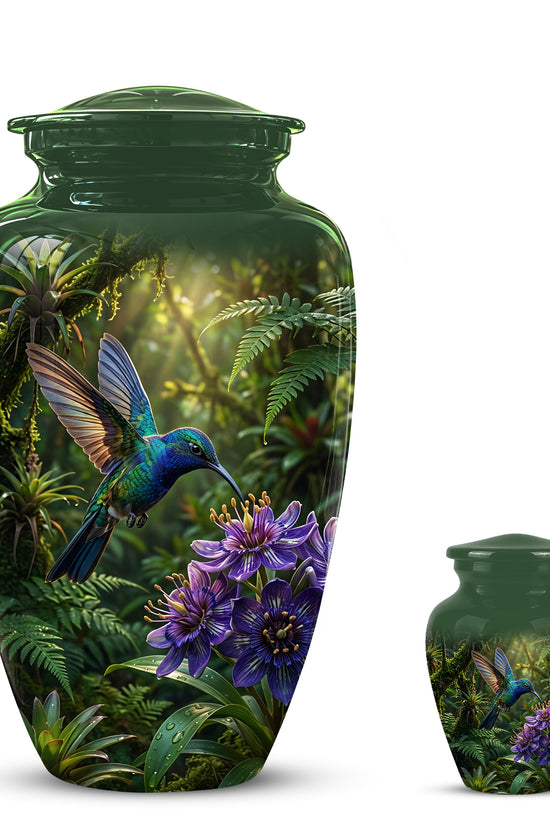 Flying Hummingbird Themed Urn - Beautiful Purple Flower Cremation Urns