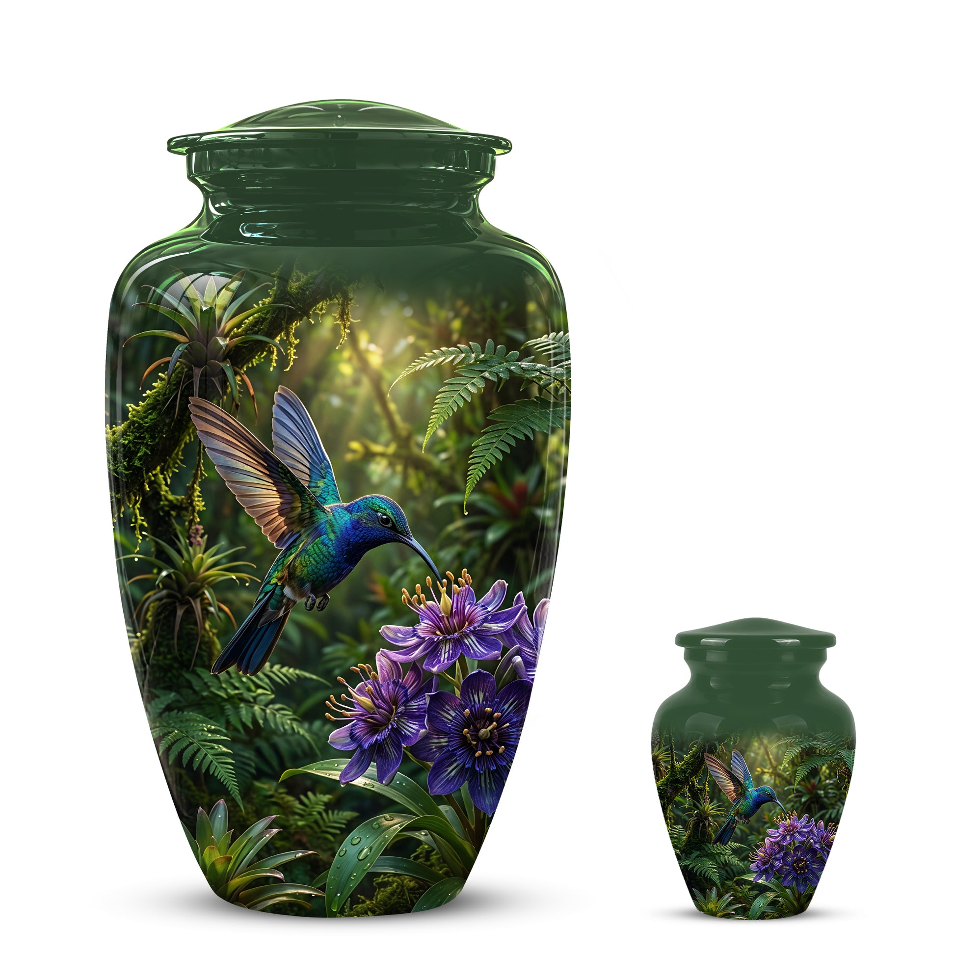 Flying Hummingbird Themed Urn - Beautiful Purple Flower Cremation Urns