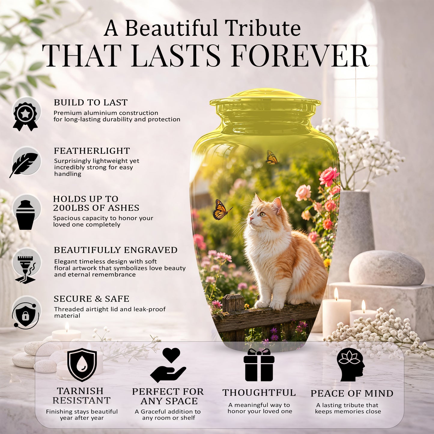 Orange Cat Cremation Urn - Beautiful Eternal Tribute Urn For Pet Ashes