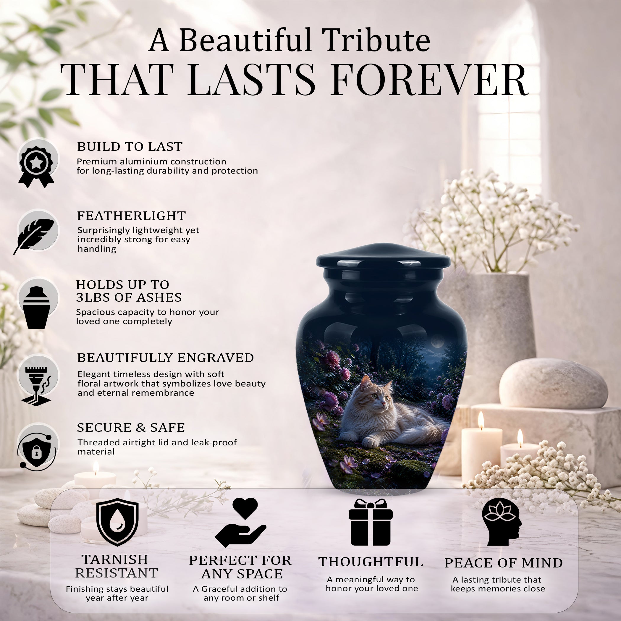 White Cat Memorial Urn - Beautiful Eternal Rest Urns For Pet Ashes