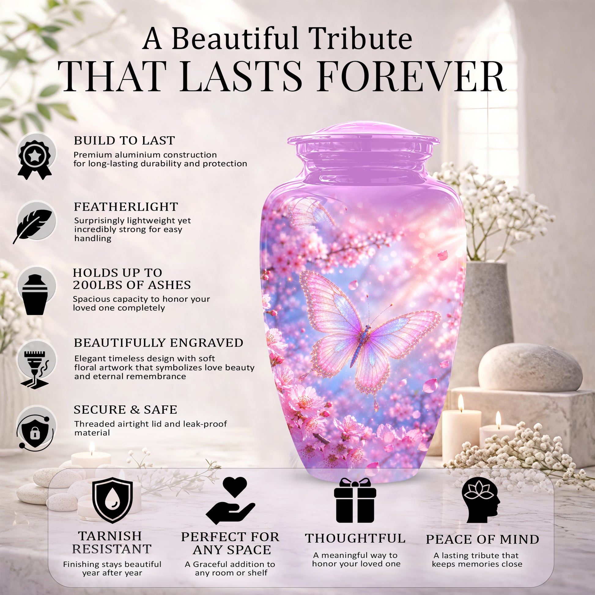 Beautiful Pink Butterfly Cremation Urn - Peaceful Tribute Urns For Mom