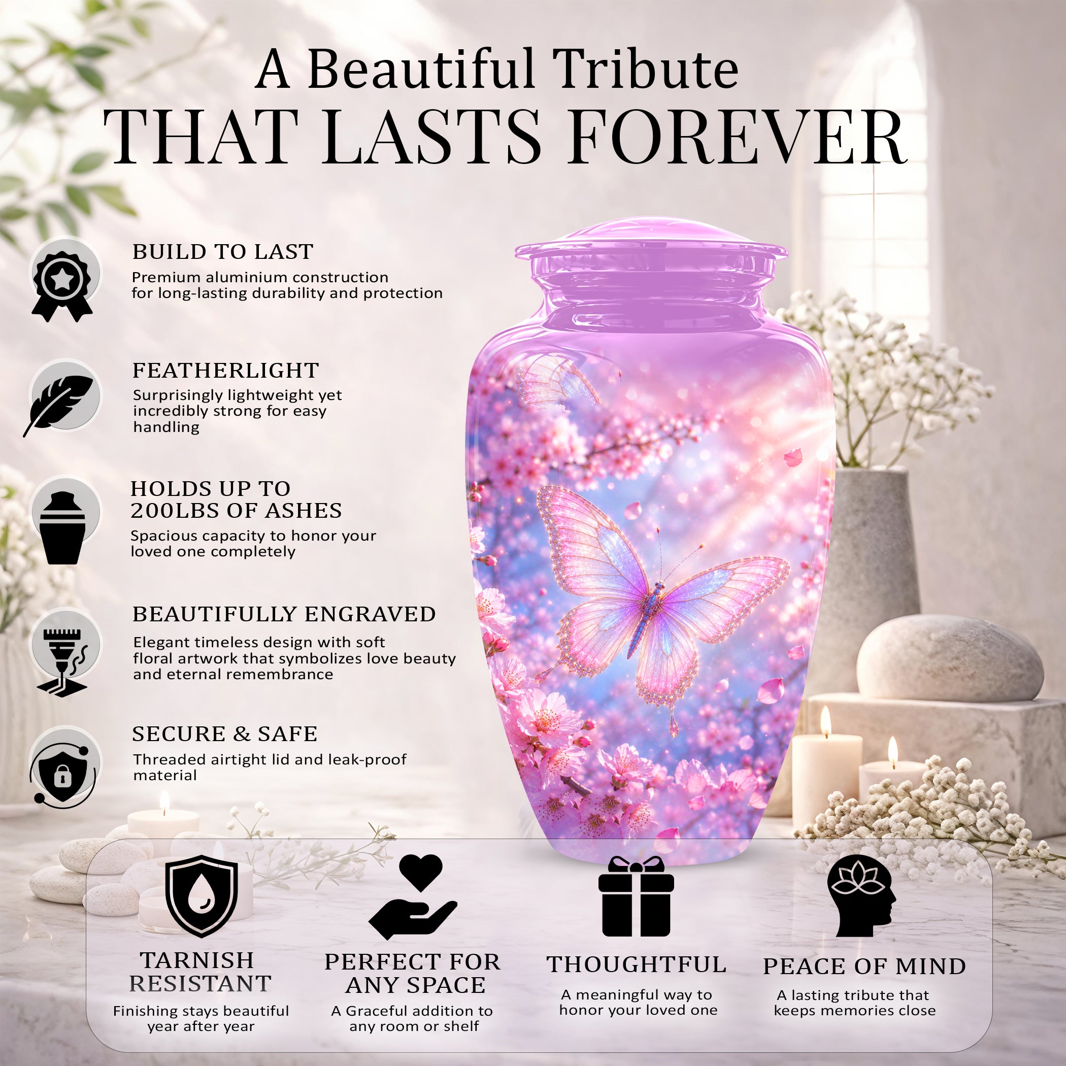 Beautiful Pink Butterfly Cremation Urn - Peaceful Tribute Urns For Mom