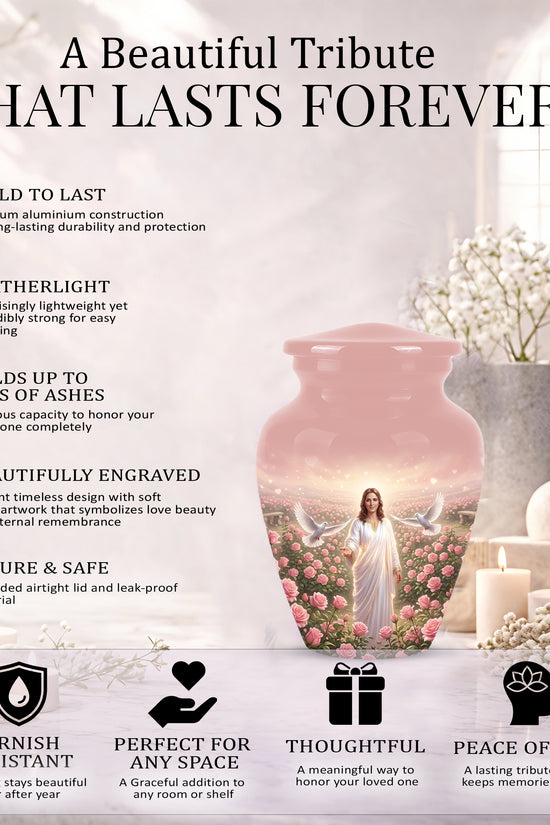 Jesus Christ And Roses Cremation Urn - Dove Memorial Urn For Ashes