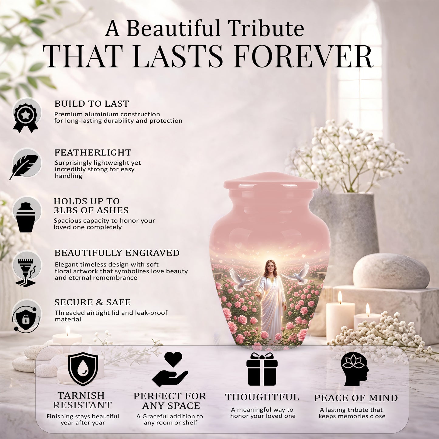 Jesus Christ And Roses Cremation Urn - Dove Memorial Urn For Ashes