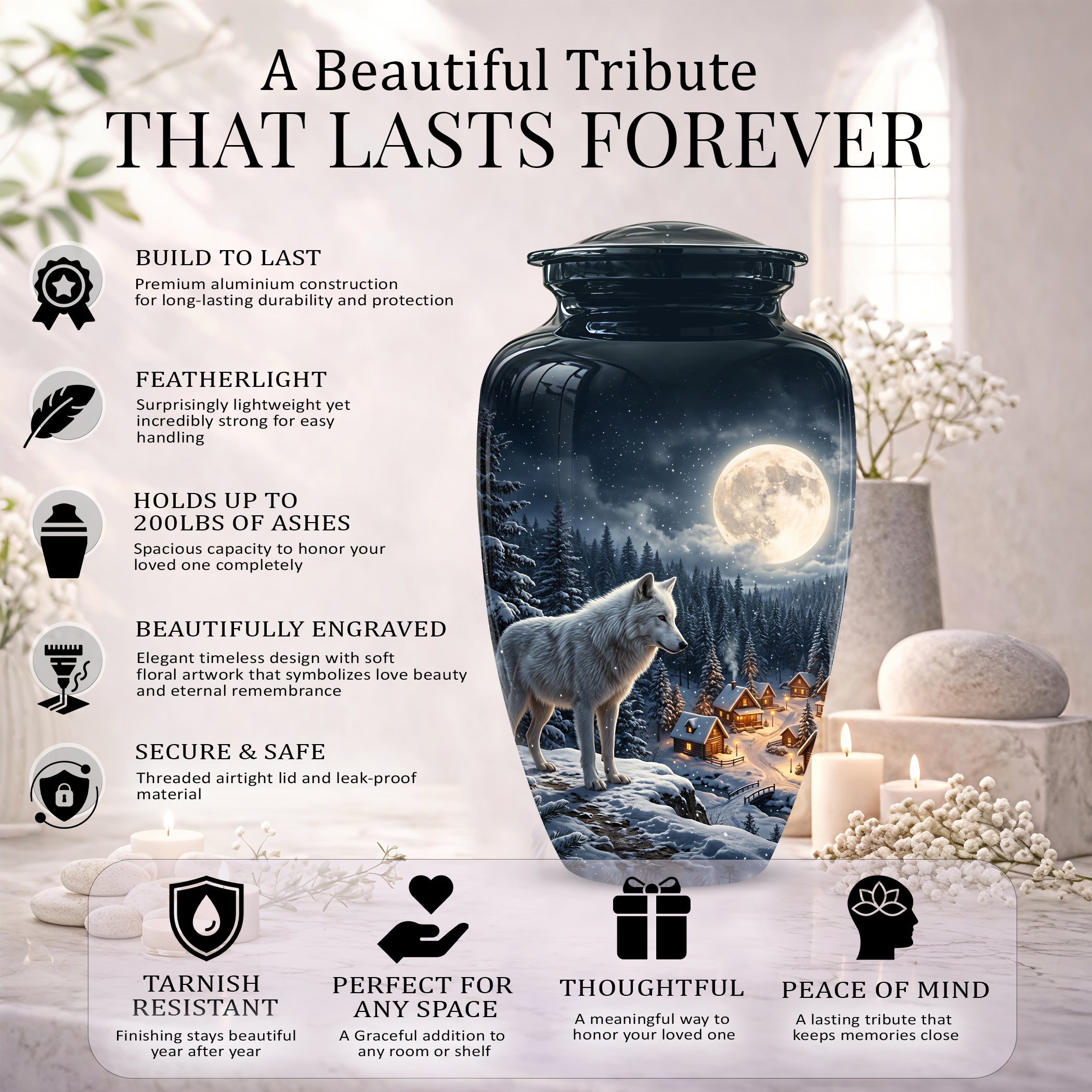 Moonlit Wolf Urn for Ashes - Custom Memorial Urn For Human Ashes