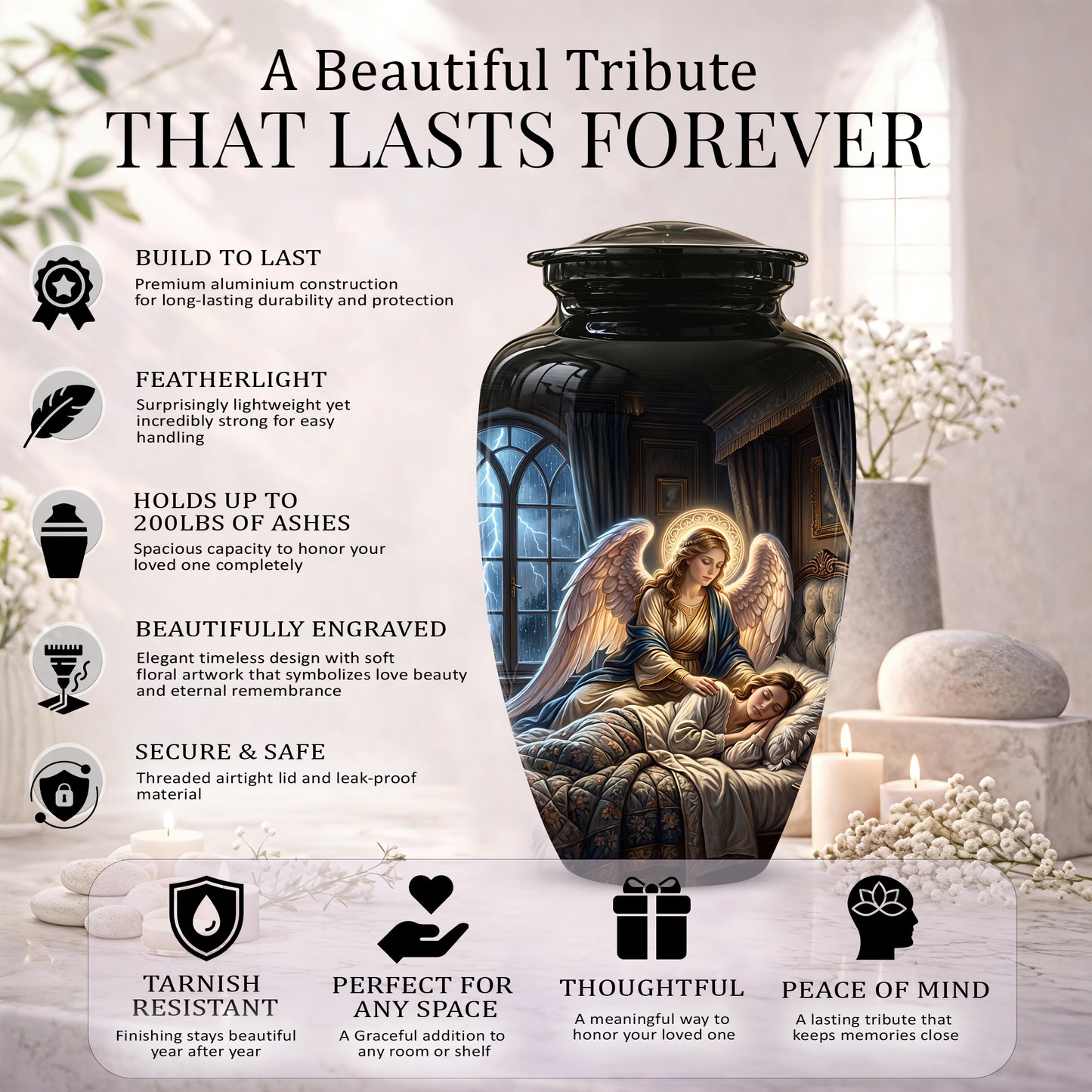 Angel Mom Cremation Urn - Black Memorial Urns For Mother Ashes