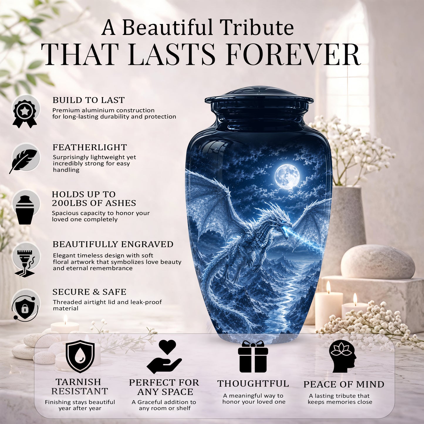 White Dragon Cremation Urn - Majestic Classic Dragon Urns For Human Ashes