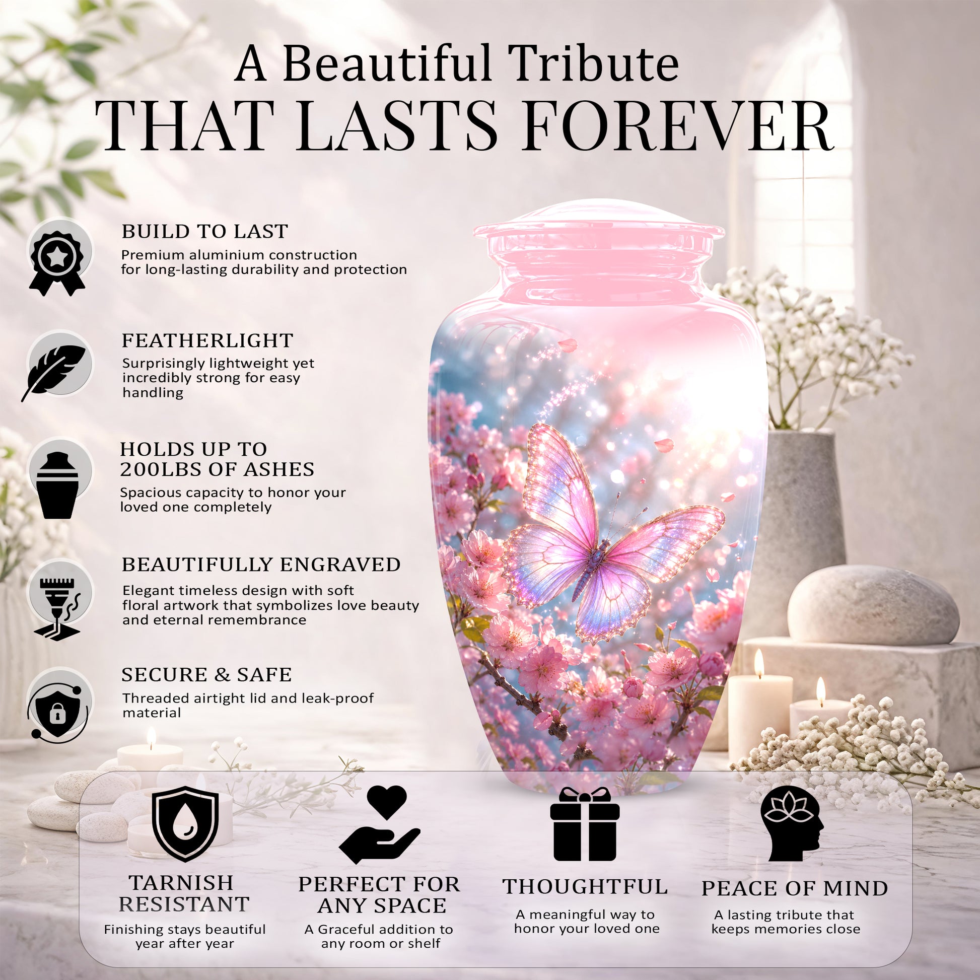 Personalized Pink Butterfly Memorial Urn - Handmade Urns For Mom Ashes