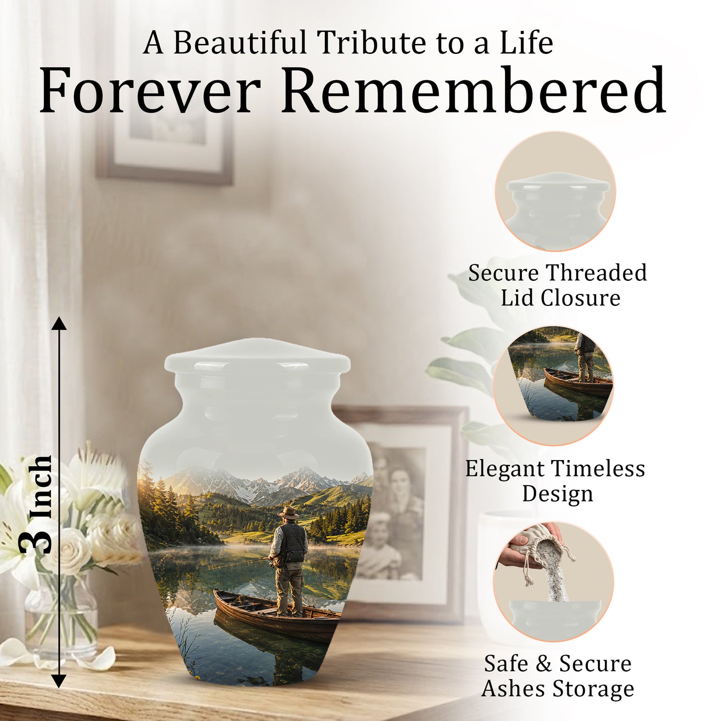 Fishing Cremation Urn - Artistic Landscape Fishing Urns For Dad Ashes