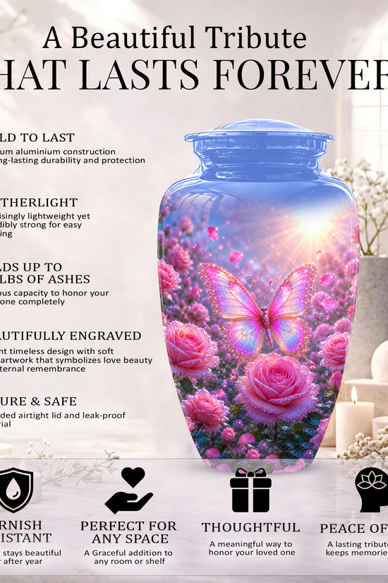 Pink Butterfly On Flower Funeral Urn - Handcrafted Urns For Mom Ashes