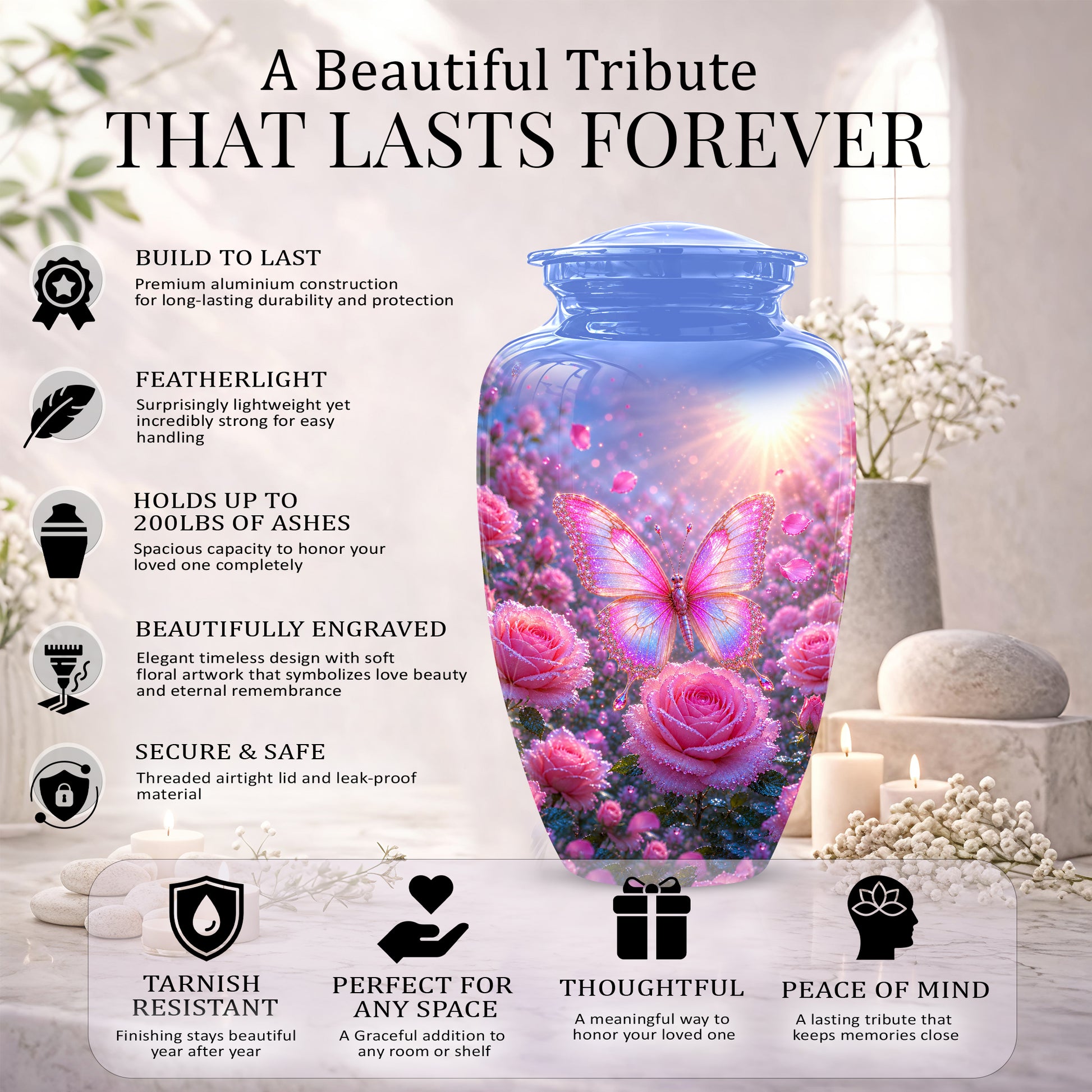 Pink Butterfly On Flower Funeral Urn - Handcrafted Urns For Mom Ashes