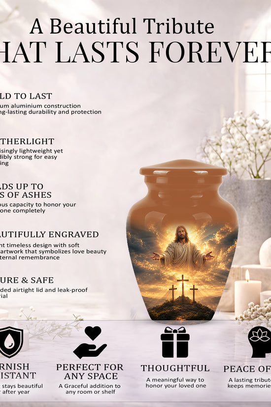 Christian Cross Themed Urn - Sunset Jesus Urns For Spiritual Human Ashes