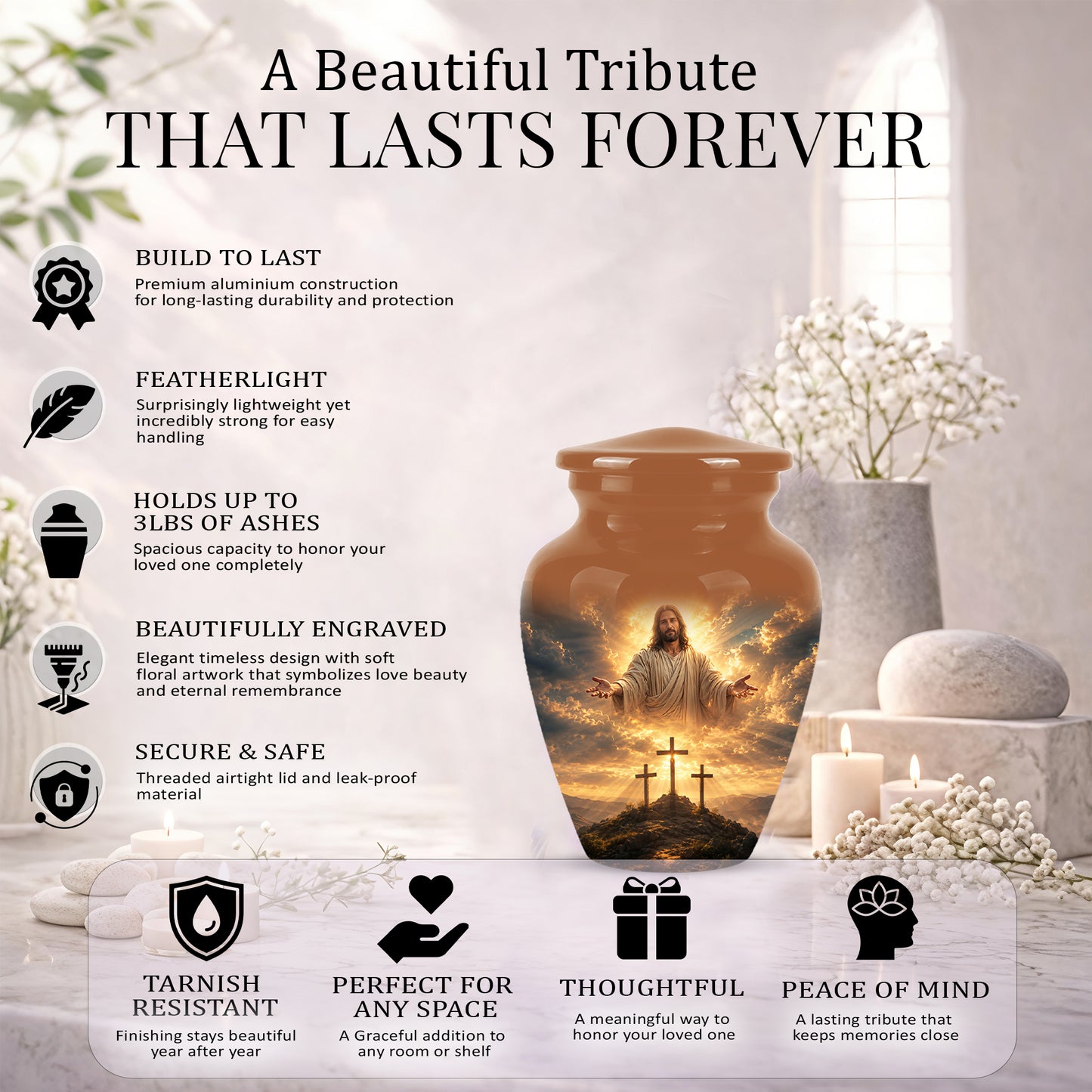 Christian Cross Themed Urn - Sunset Jesus Urns For Spiritual Human Ashes