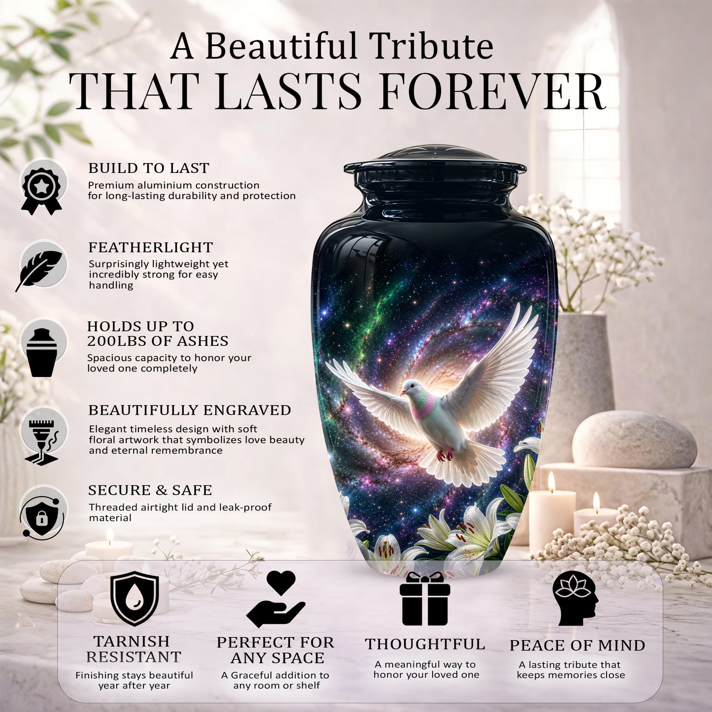 White Flying Dove Cremation Urn - Personalized Black Memorial Urns