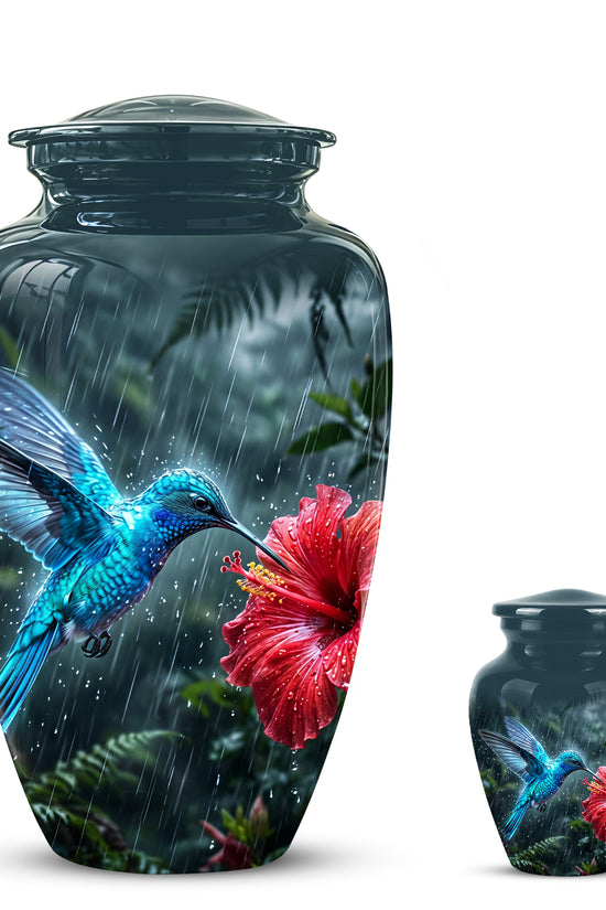 Blue Hummingbird With Red Flower - Personalized Memorial Urns For Ashes