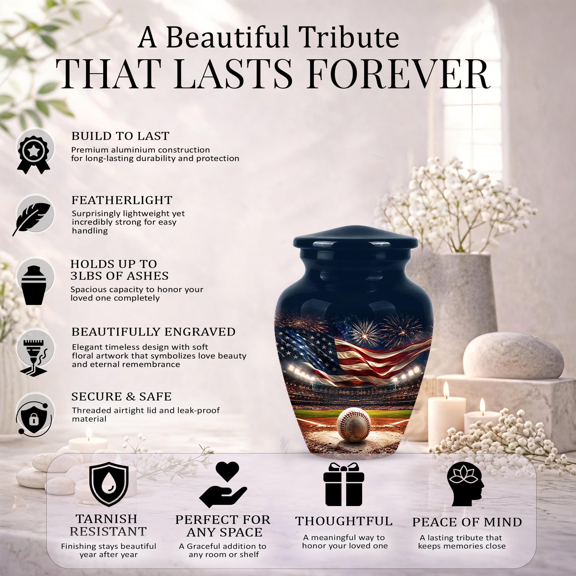 Patriotic Baseball Cremation Urn - Personalized Memorial Urns For Athletes