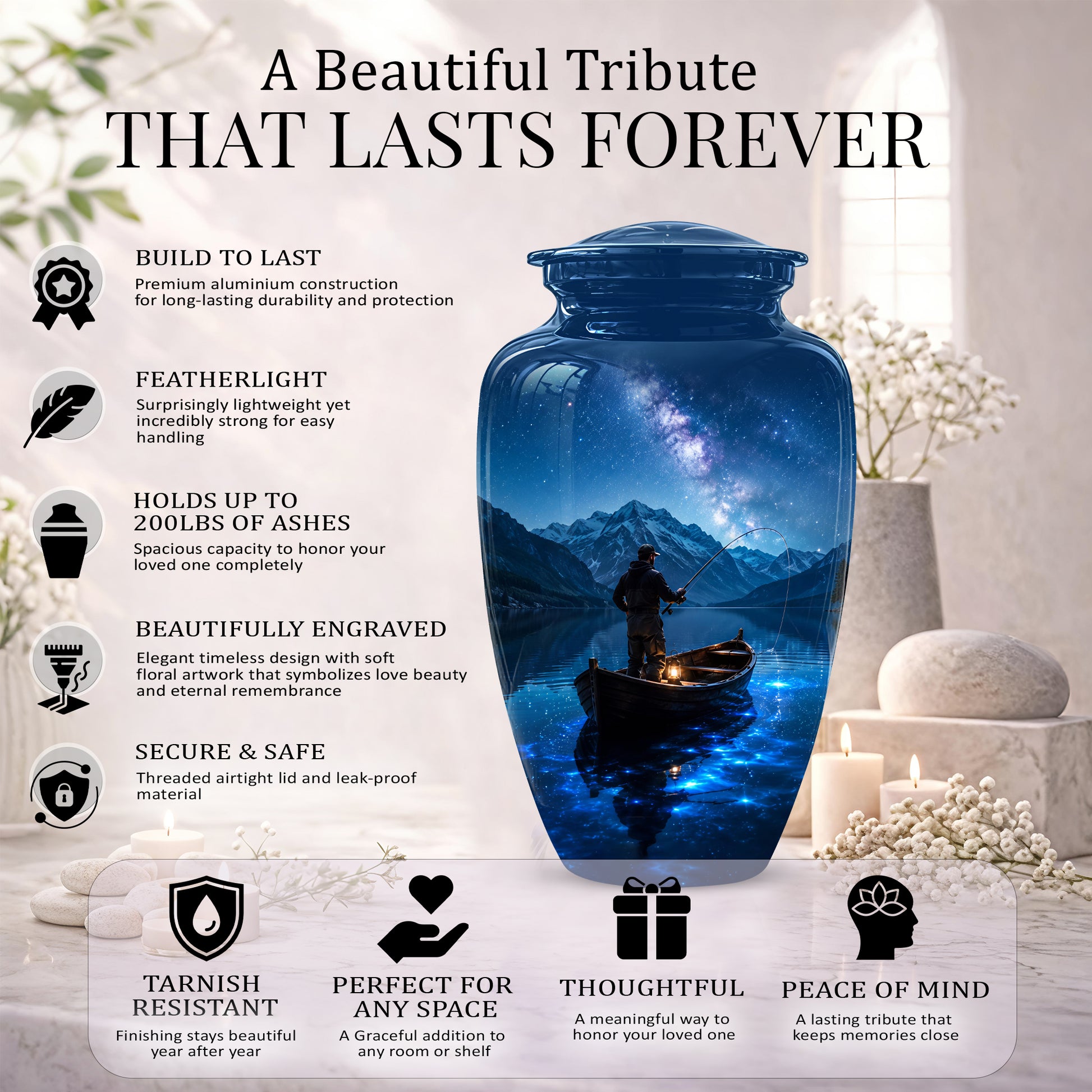 Fisherman Memorial Urn - Night Fishing Urns For Men & Women Ashes