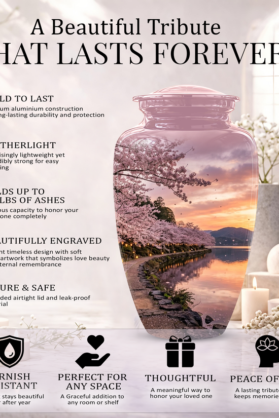Pink Spring Tree Cremation Urns - Beautiful Nature Sunset Burial Urns