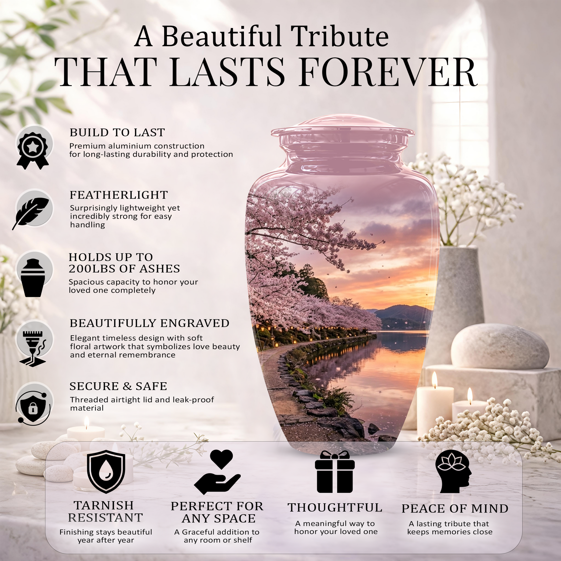 Pink Spring Tree Cremation Urns - Beautiful Nature Sunset Burial Urns