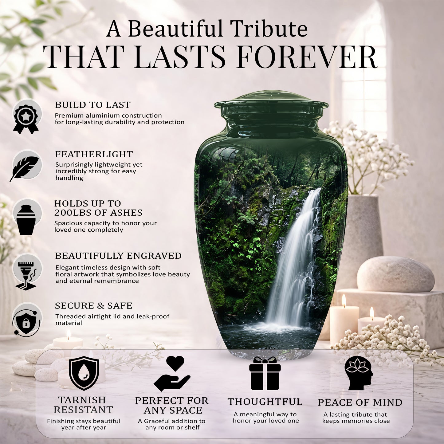 Waterfall Themed Memorial Urn - Peaceful Tribute Urn For Nature Lover
