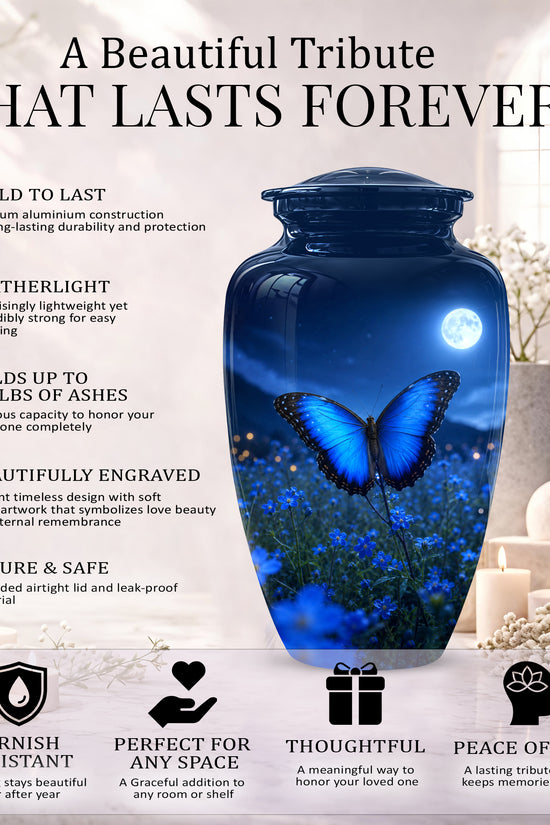Personalized Blue Butterfly Cremation Urn - Handcrafted Urns For Mom