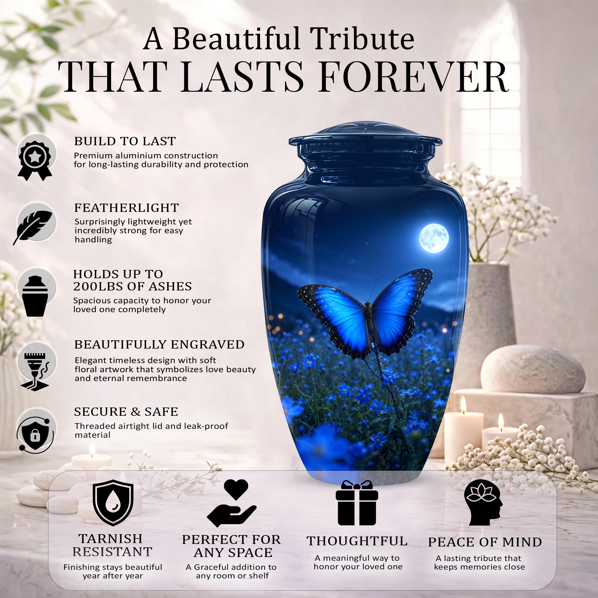 Personalized Blue Butterfly Cremation Urn - Handcrafted Urns For Mom