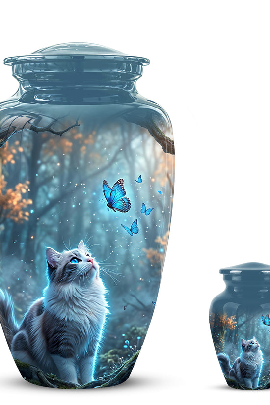White Cat With Flying Butterfly - Custom Handcrafted Urns For Humans