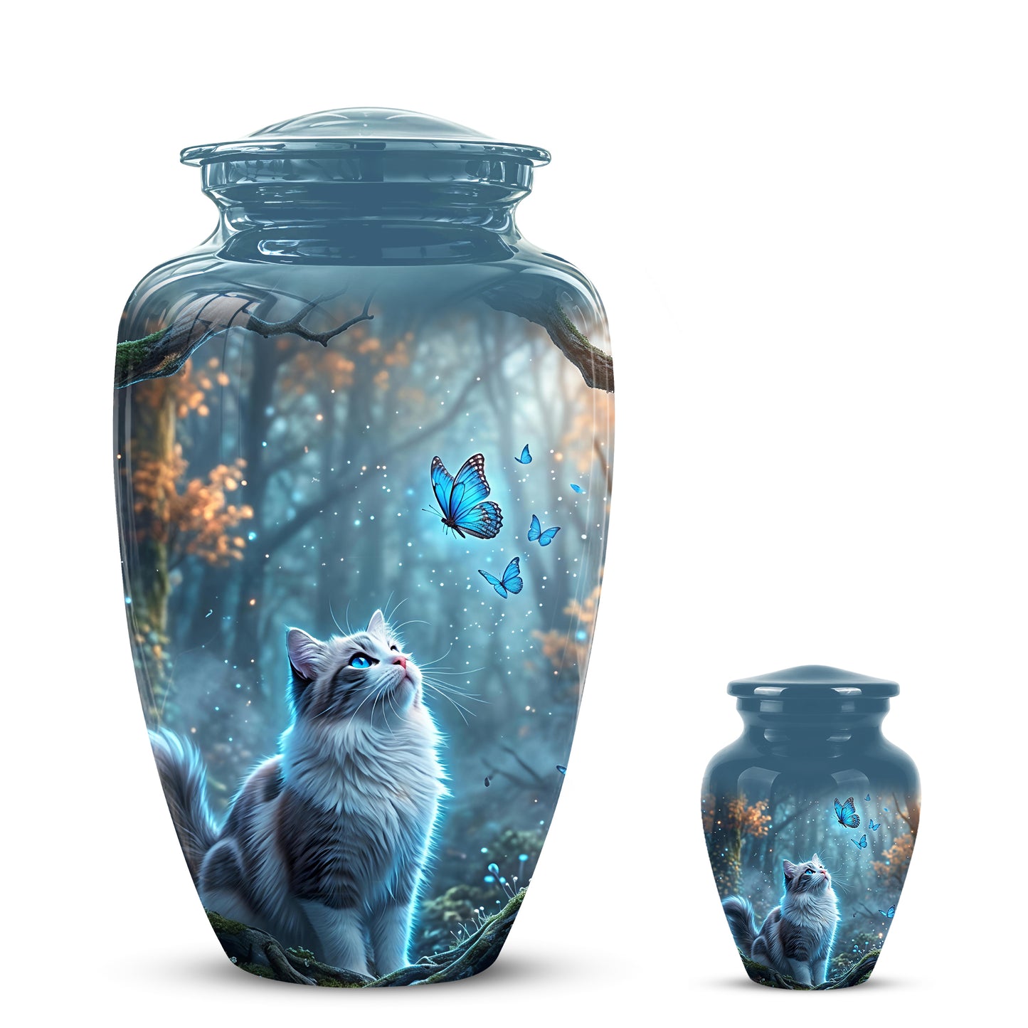 White Cat With Flying Butterfly - Custom Handcrafted Urns For Humans