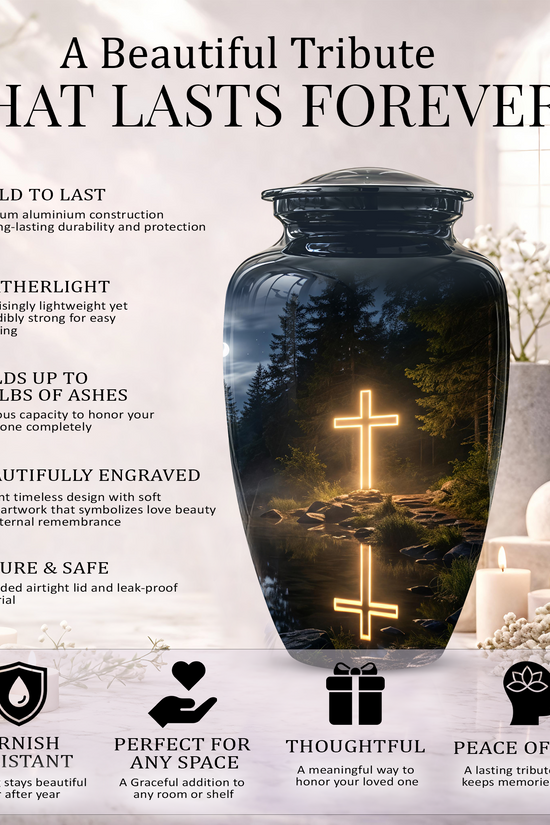 Glowing Cross In Forest - A Peaceful Tribute For Spiritual Human Ashes