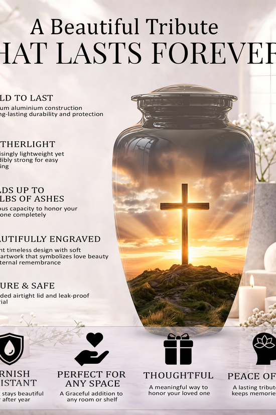 Christian Cross Cremation Urn - Sunrise Scenic Burial Urns For Human Ashes