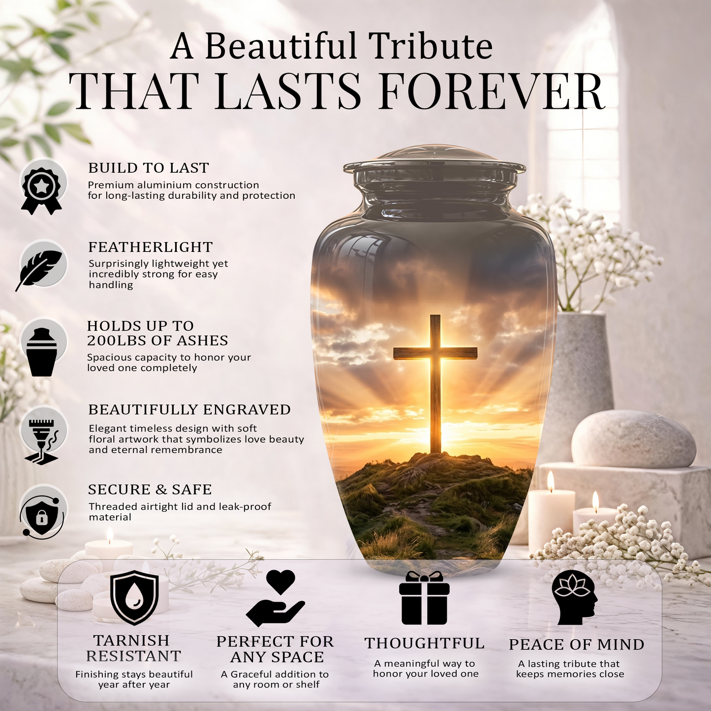 Christian Cross Cremation Urn - Sunrise Scenic Burial Urns For Human Ashes