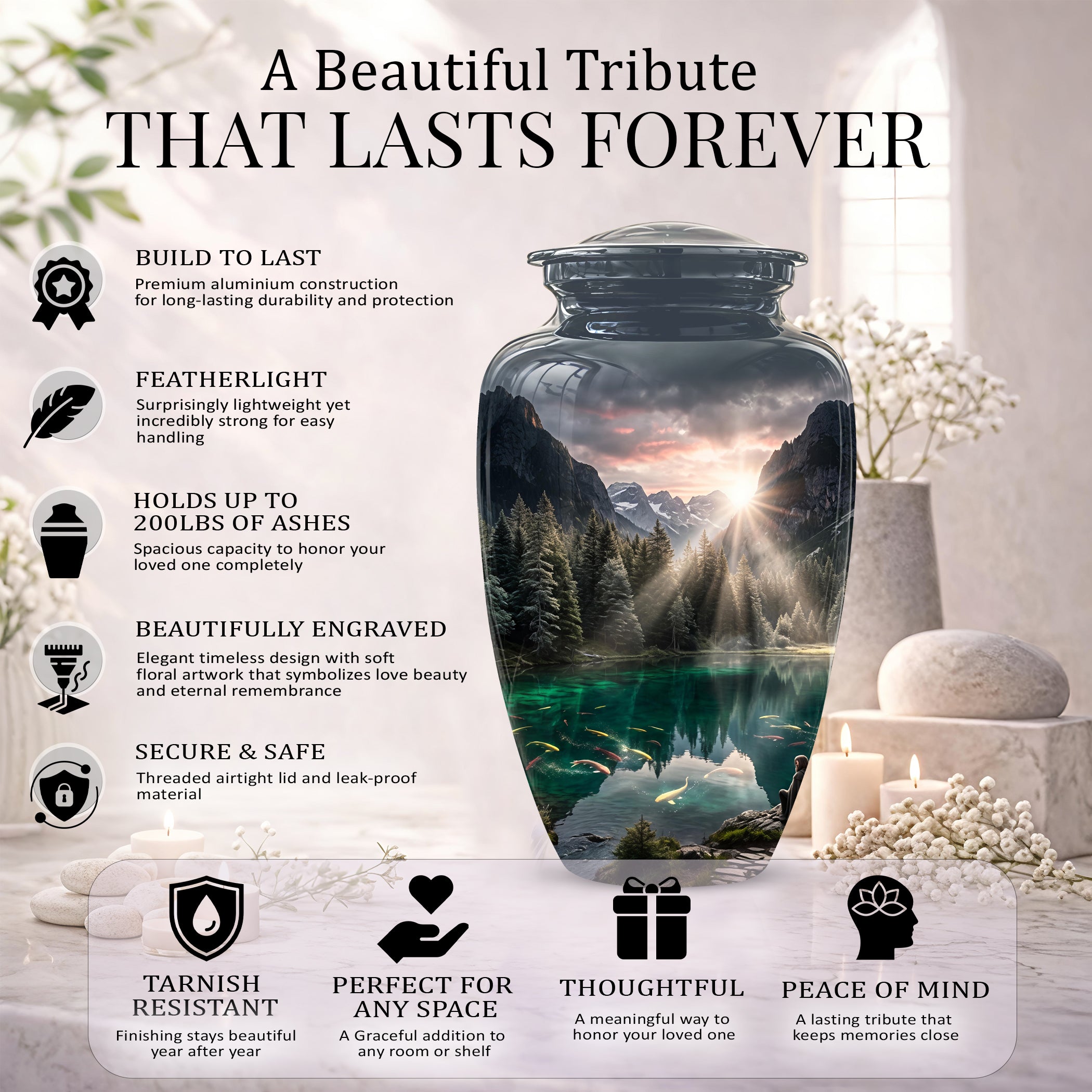 Mountain Lake Cremation Urn - Elegant Nature Urns For Human Ashes