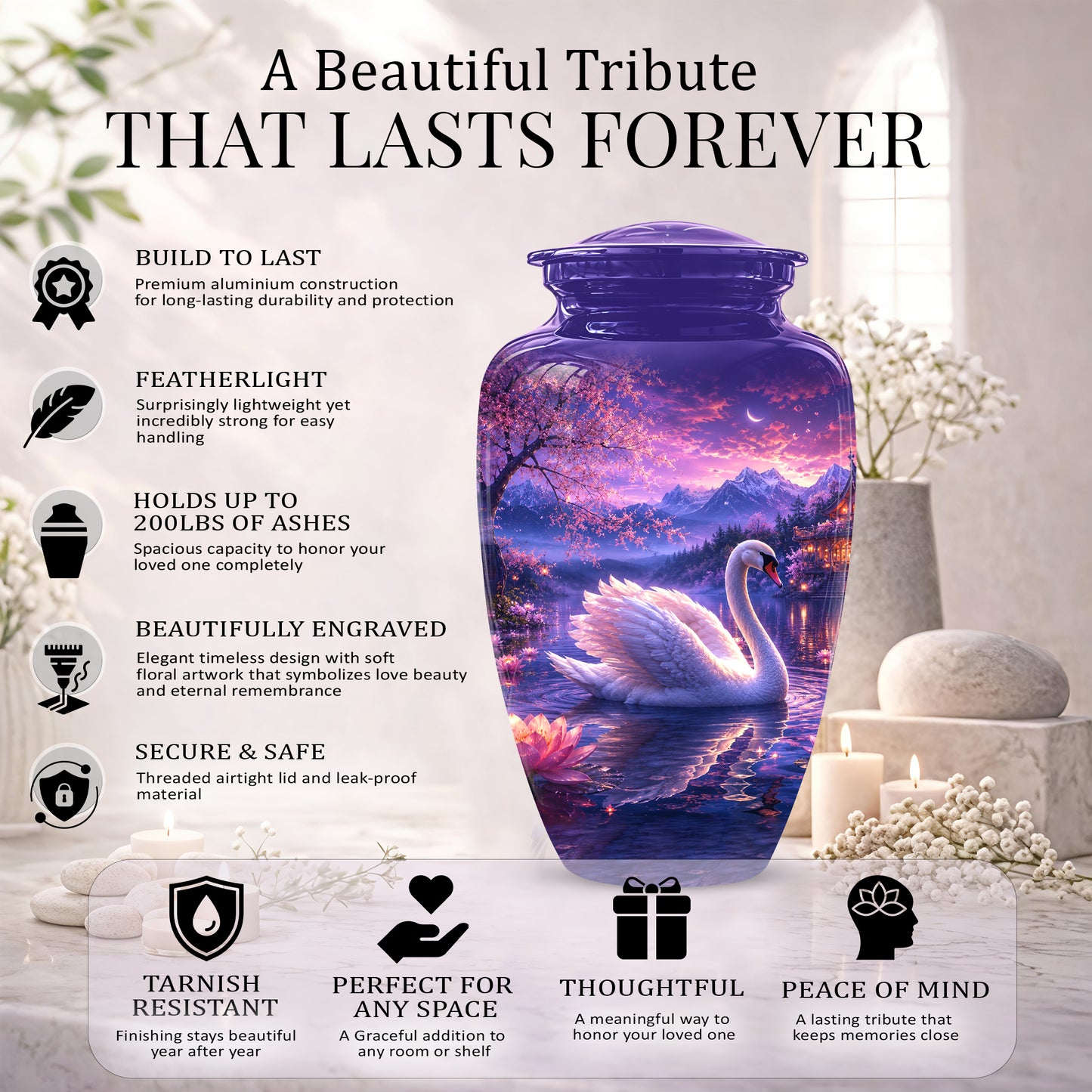 Swan & Cherry Blossom Serenade Urn - Beautiful Custom Urns For Ashes
