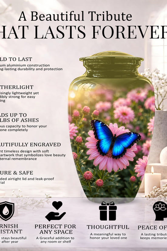 Personalized Blue Butterfly Urn - Pink Flower Memorial Urns For Ashes
