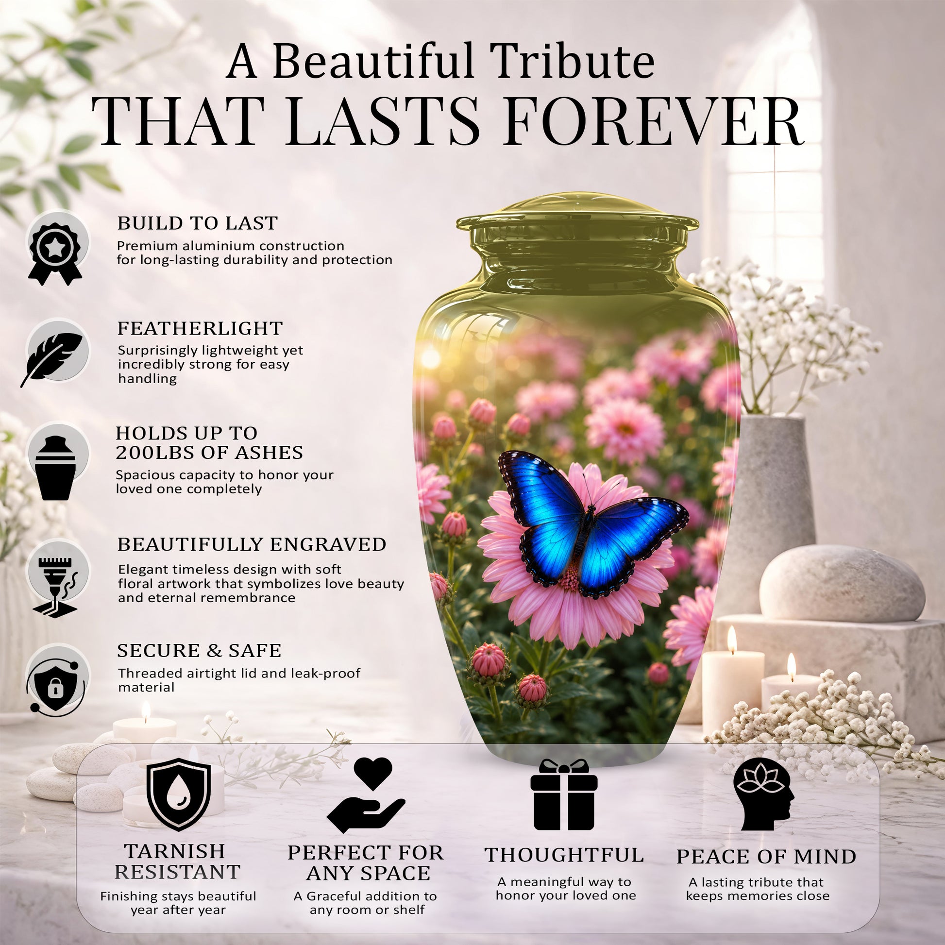 Personalized Blue Butterfly Urn - Pink Flower Memorial Urns For Ashes