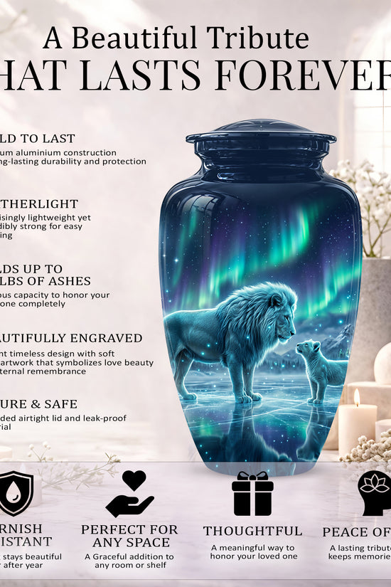 Lion & Cub Aurora Borealis Urn - Personalized Lion Urns For Human Ashes