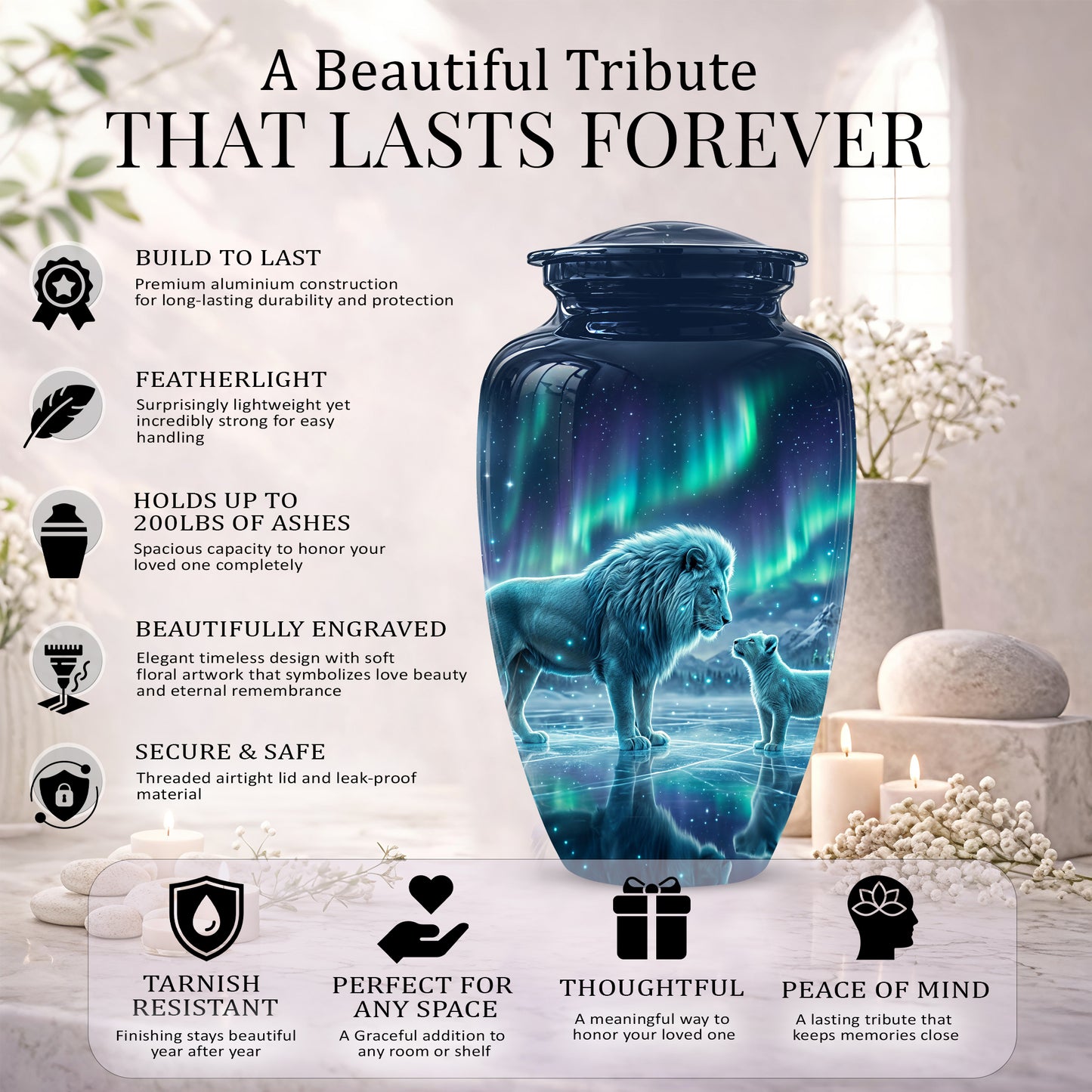 Lion & Cub Aurora Borealis Urn - Personalized Lion Urns For Human Ashes