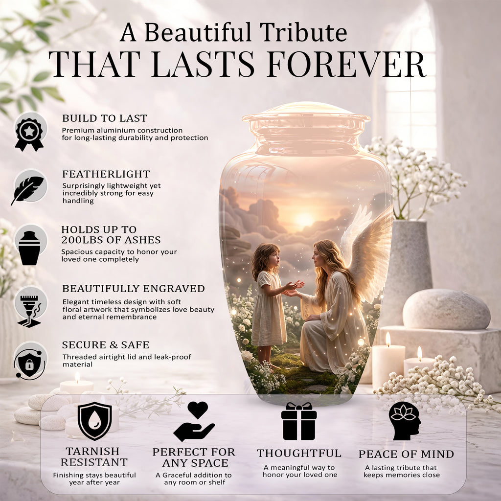 Angel Mom With Girl Child - Beautiful Artistic Custom Urns For Mom Ashes