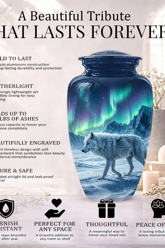 Snowy Wolf Cremation Urn - Northern Light Memorial Urn For Human Ashes