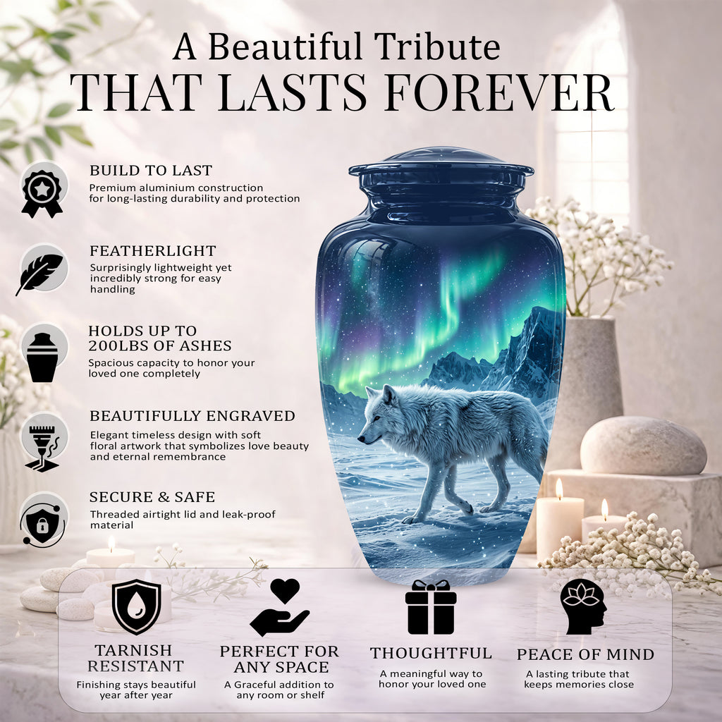 Snowy Wolf Cremation Urn - Northern Light Memorial Urn For Human Ashes