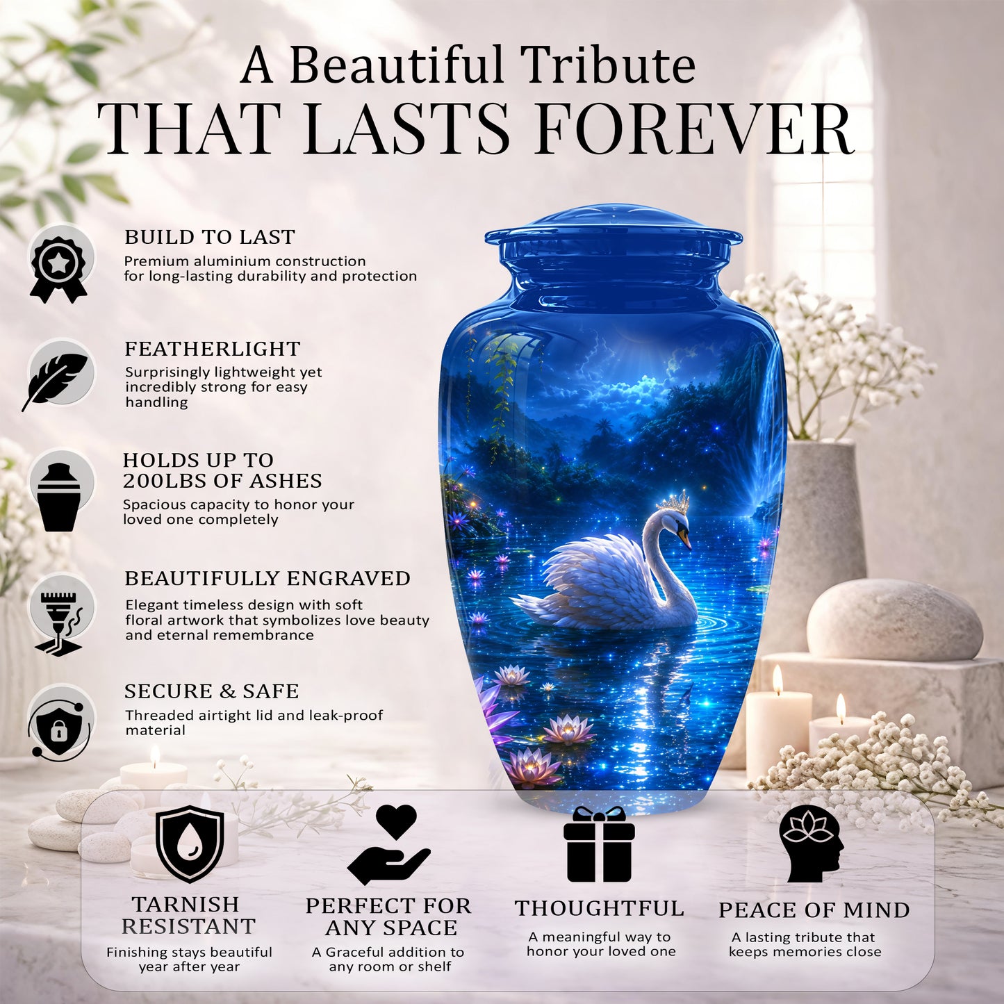 White Swan Memorial Urn - Custom Cremation Urns For Men & Women Ashes