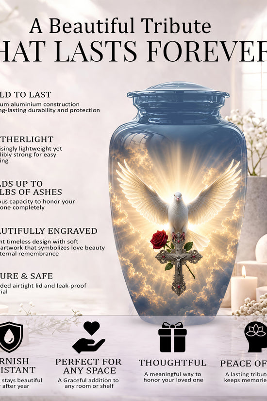White Dove Bird With Rose - Blue Memorial Urns For Human Ashes