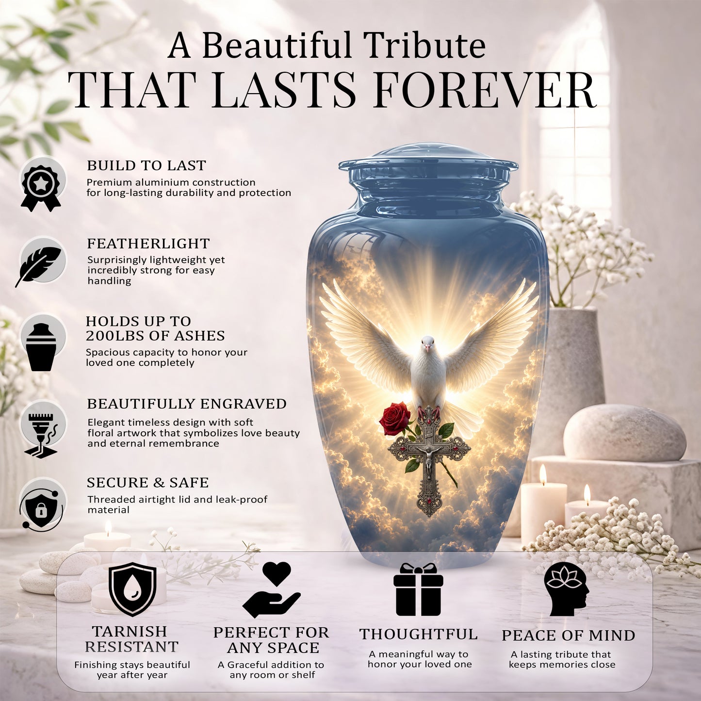 White Dove Bird With Rose - Blue Memorial Urns For Human Ashes
