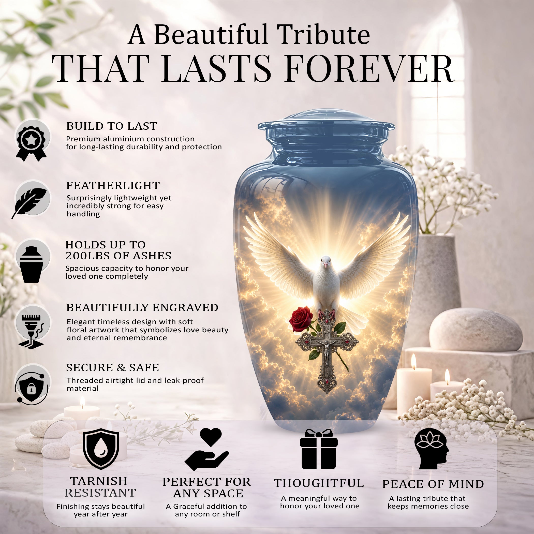 White Dove Bird With Rose - Blue Memorial Urns For Human Ashes