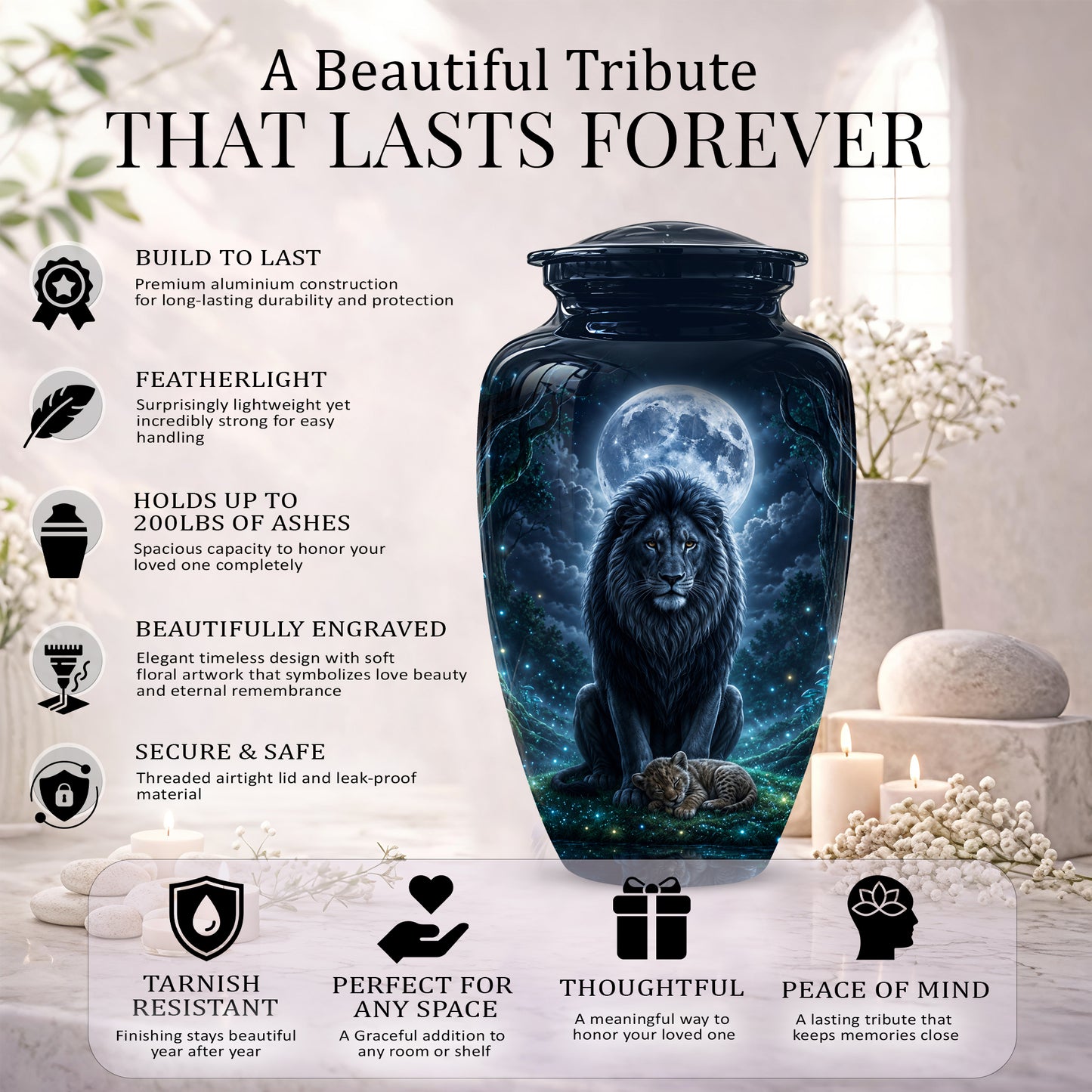 Lion And Moon Memorial Urn - Lion Adult Male Funeral Urns For Ashes