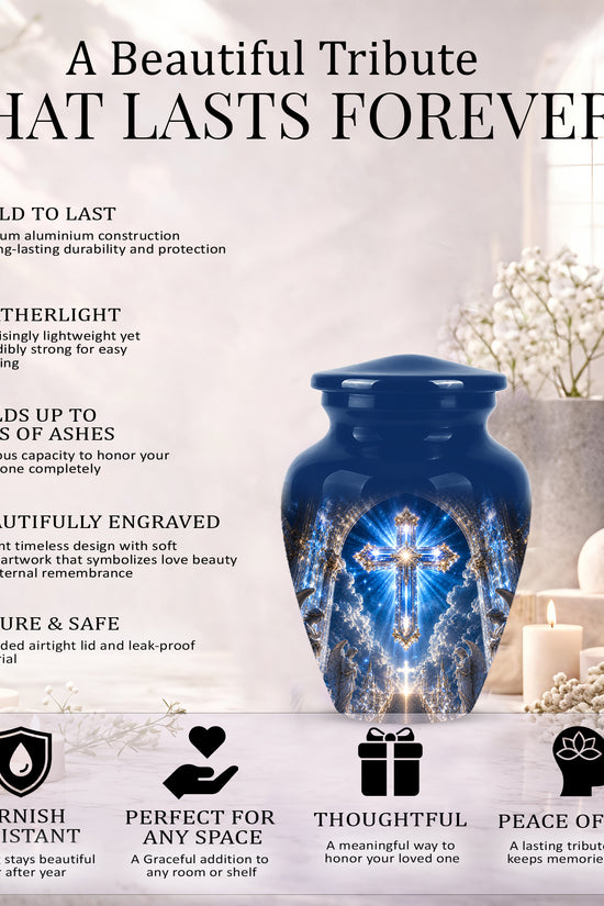 Heavenly Cross Cremation Urn – Blue Memorial Urn For Human Ashes