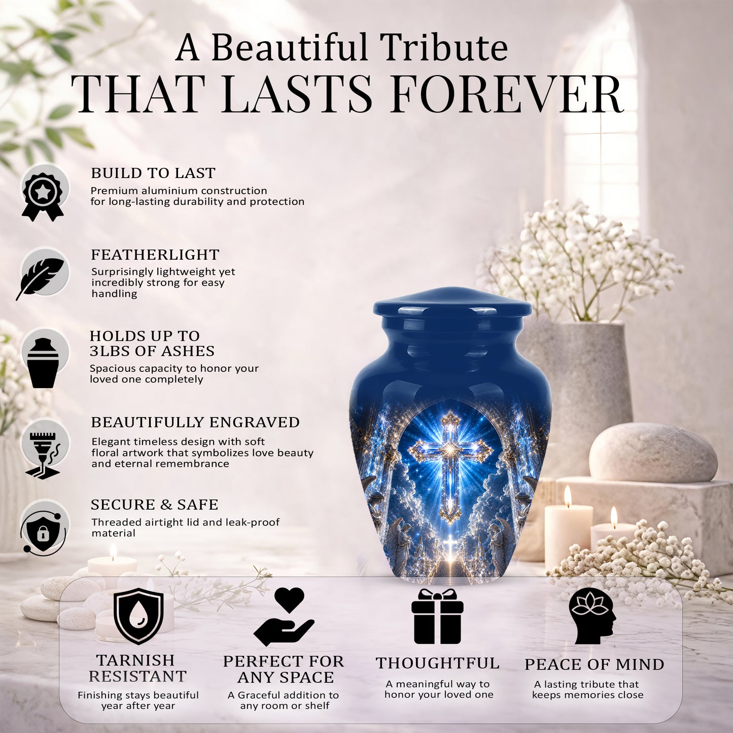Heavenly Cross Cremation Urn – Blue Memorial Urn For Human Ashes
