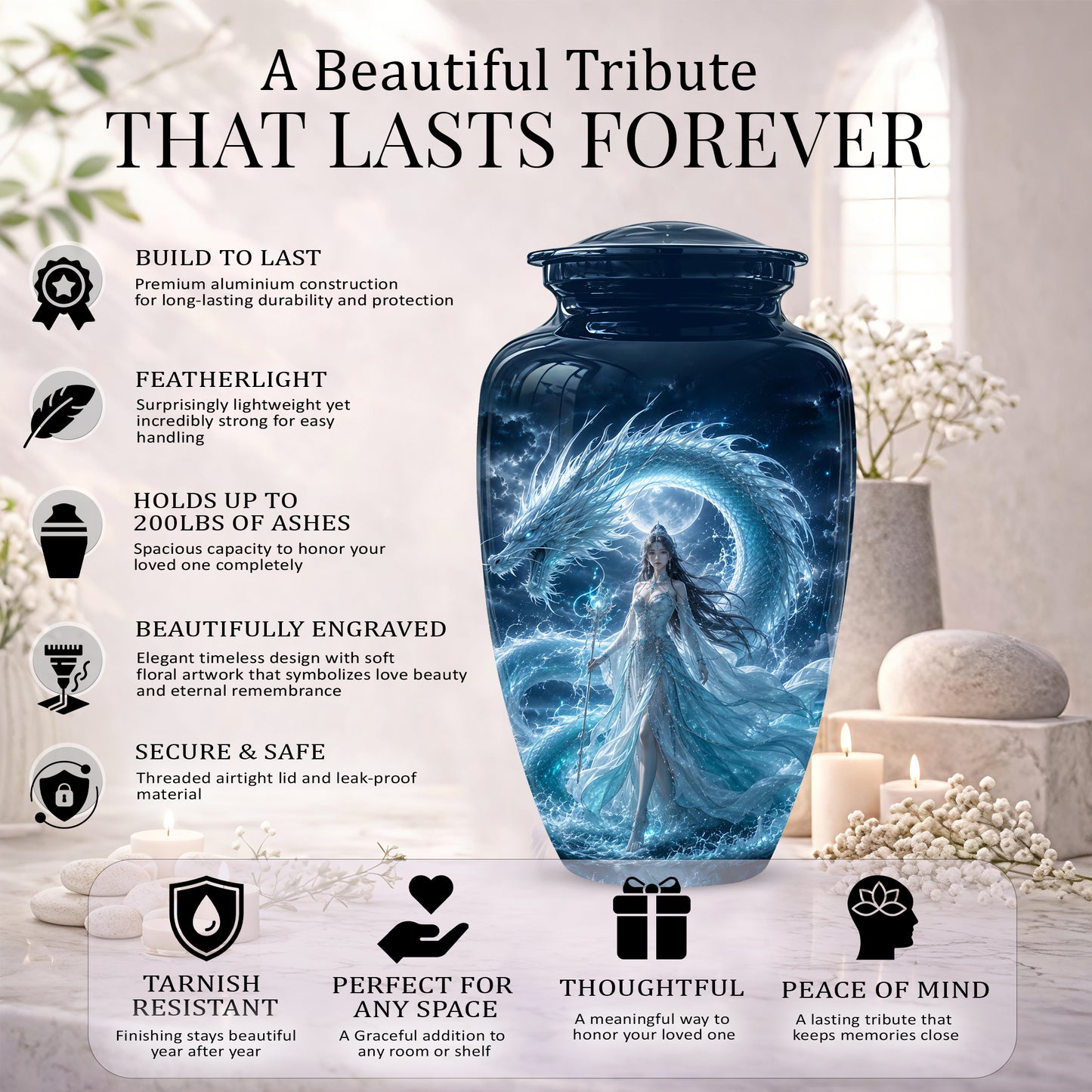 Dragon And Moon Goddess Fantasy Urn - Artistic Memorial Urns For Ashes