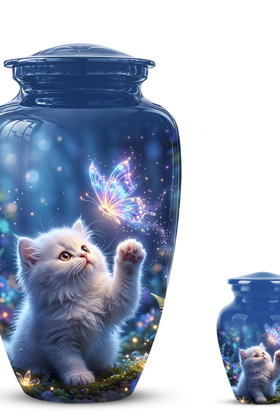 White Cat With Majestic Butterfly - Blue Cremation Urns For Human Ashes